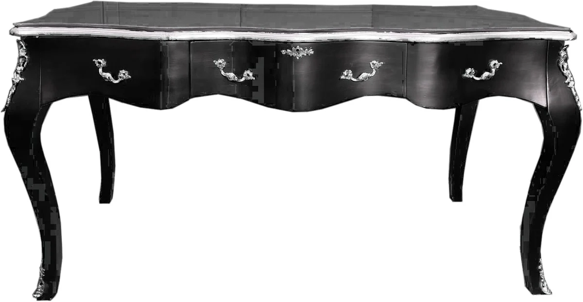Barock Sekretär Schwarz / Silber- Schreibtisch Luxus Möbel Büro