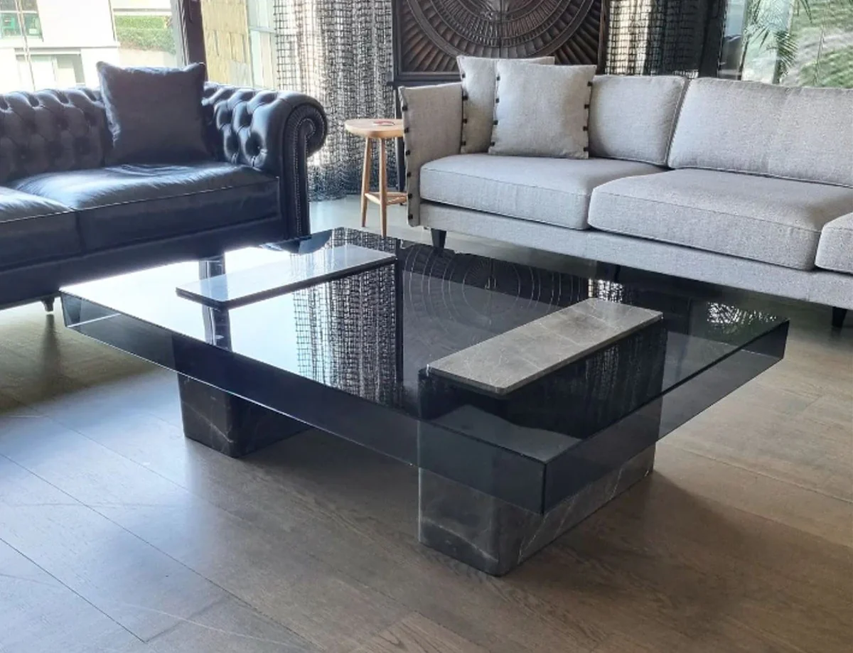 Luxus Marmor Couchtisch mit Glasplatte Grau / Schwarz 140 cm
