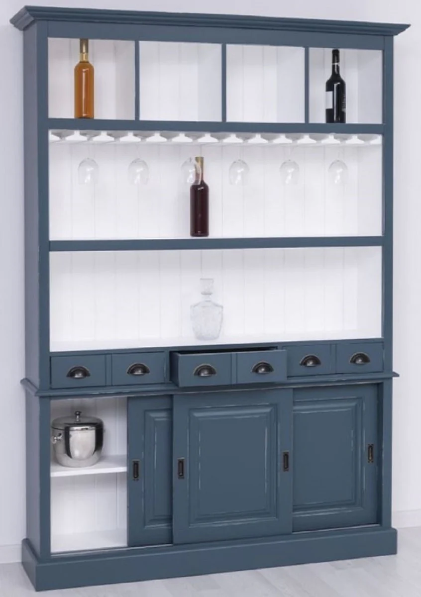 Landhausstil Massivholz Barschrank Antik Blau / Weiß 151 x 36 x H. 210 cm - Massivholz Weinschrank im Landhausstil - Massivholz Bar Möbel - Landhausstil Bar Möbel