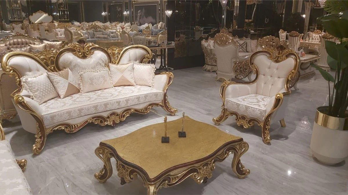 Luxus Barock Couchtisch Gold / Braun - Eleganter Massivholz Wohnzimmertisch im Barockstil - Barock Wohnzimmer Möbel - Edel & Prunkvoll