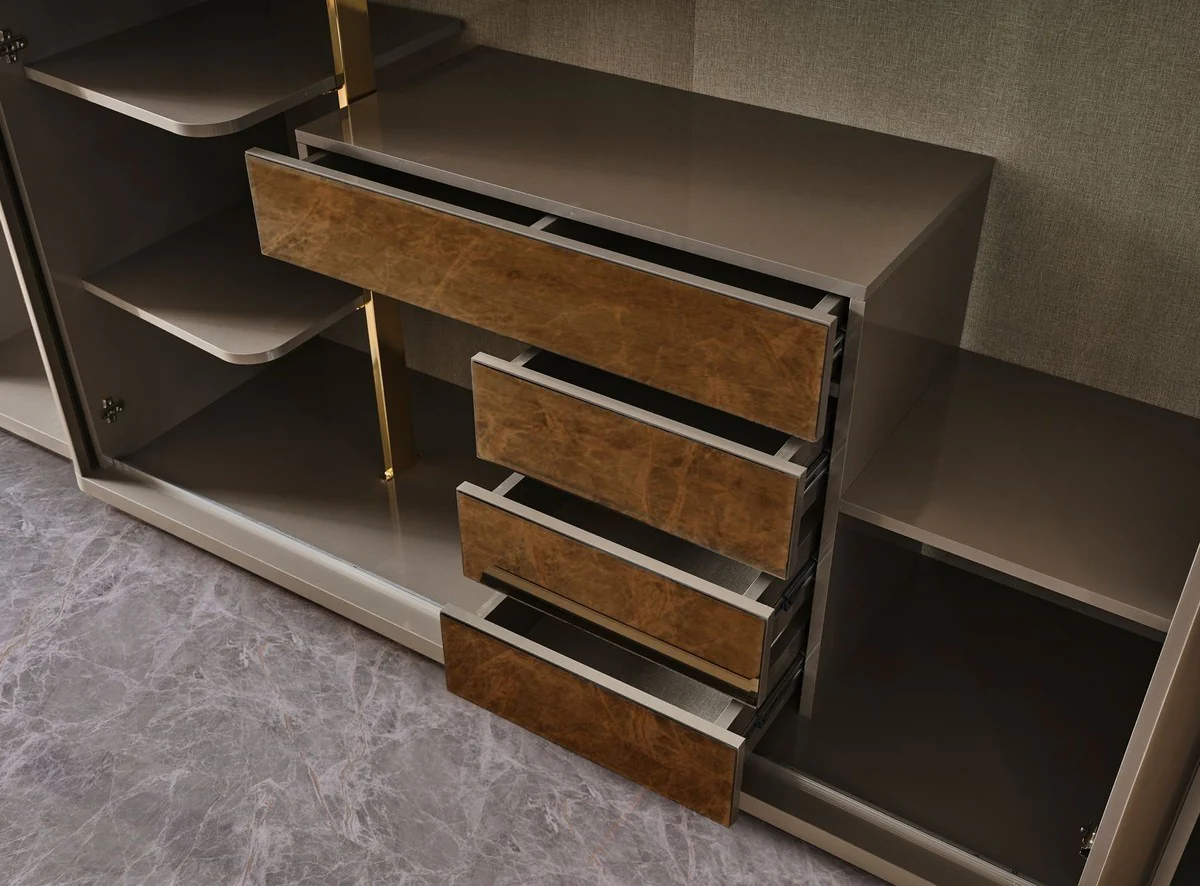 Luxus Art Deco Schlafzimmerschrank Grau / Gold 280 x 60 x H. 229 cm - Verspiegelter Kleiderschrank mit 4 Türen - Schlafzimmer Möbel - Art Deco Möbel - Luxus Möbel - Luxus Einrichtung