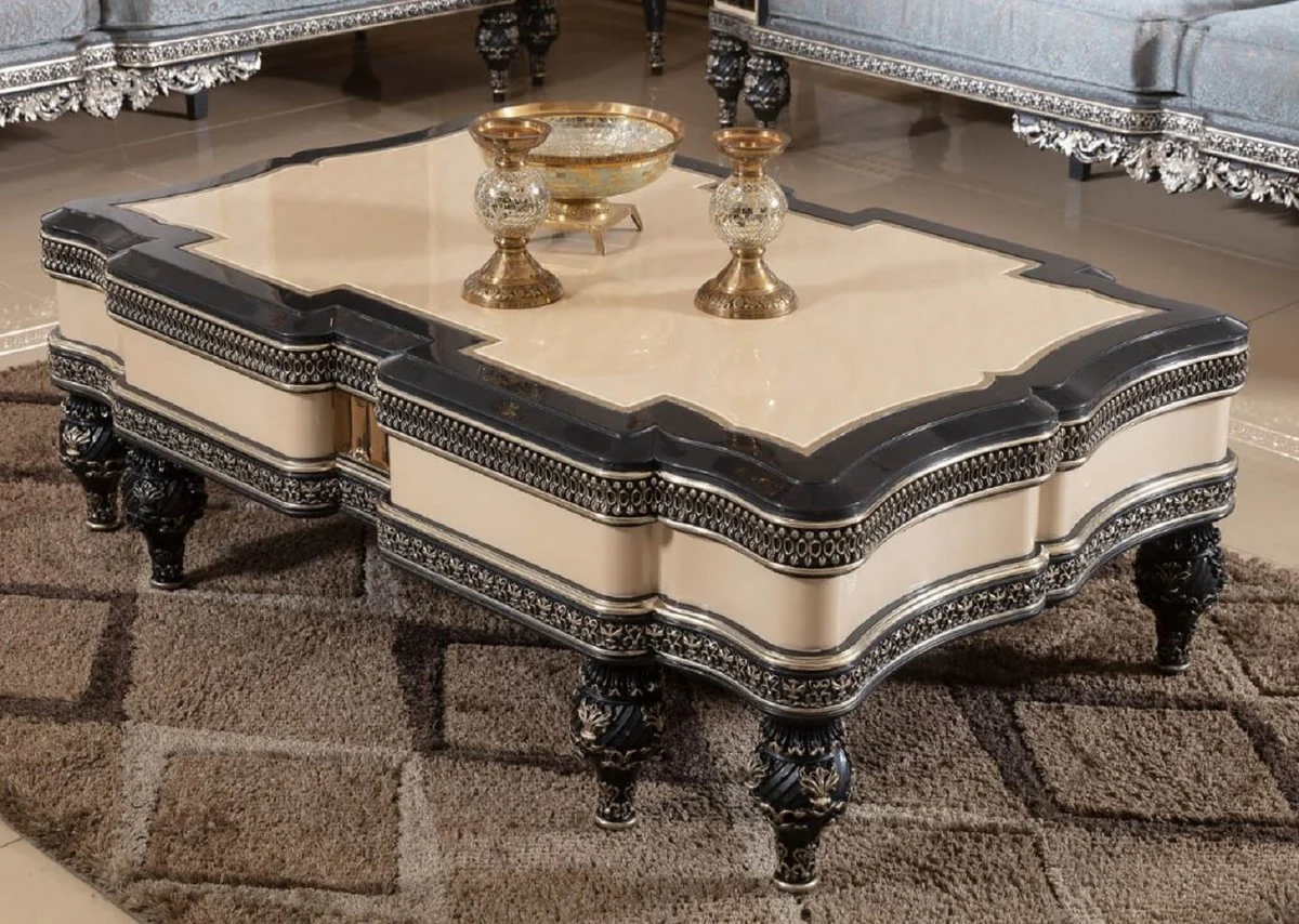 Luxus Barock Couchtisch Beige / Schwarz / Gold - Prunkvoller Massivholz Wohnzimmertisch im Barockstil - Barock Wohnzimmer Möbel - Edel & Prunkvoll