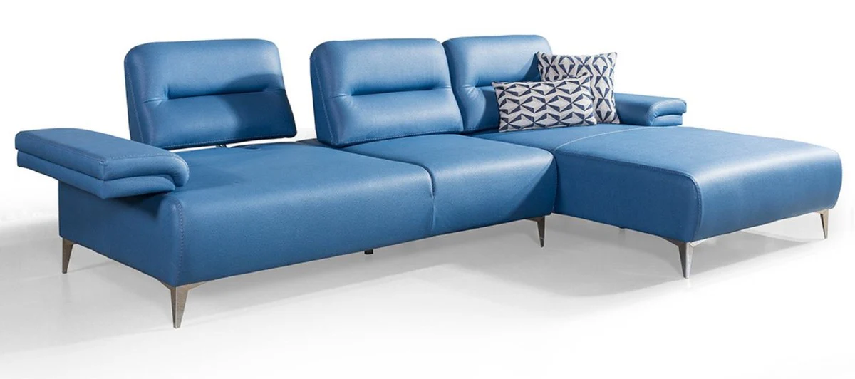 Luxus Kunstleder Ecksofa Blau / Silber 285 x 182 cm - Wohnzimmer Möbel