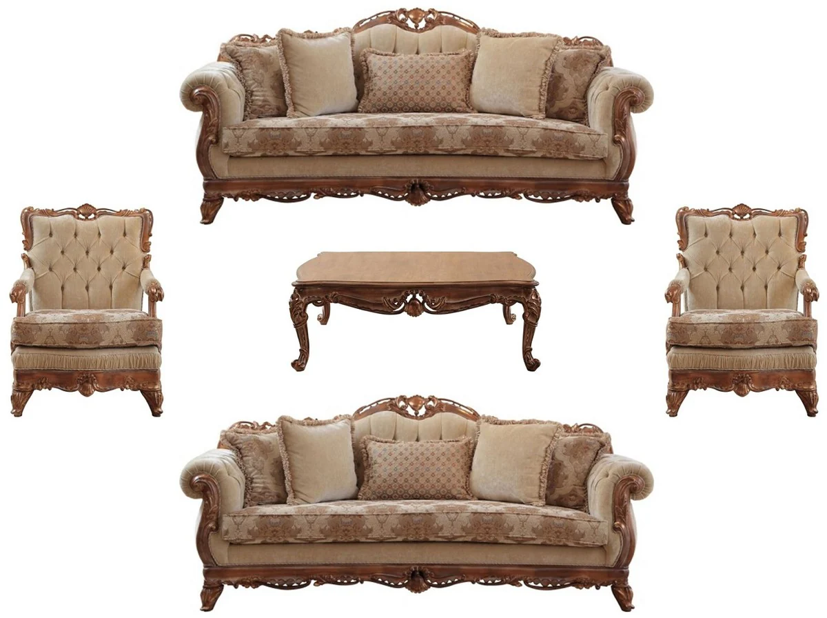 Luxus Barock Wohnzimmer Set Beige / Braun - 2 Sofas & 2 Sessel & 1 Couchtisch - Handgefertigte Wohnzimmer Möbel im Barockstil - Edel & Prunkvoll