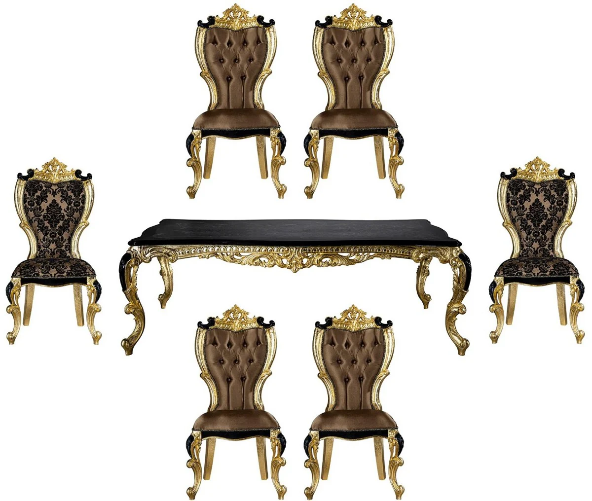 Luxus Barock Esszimmer Set Braun / Schwarz / Gold - 1 Esstisch & 6 Esszimmerstühle - Prunkvolle Esszimmer Möbel im Barockstil