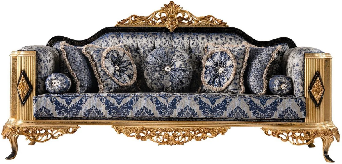 Luxus Barock Sofa Blau / Schwarz / Gold - Prunkvolles Wohnzimmer Sofa - Barockstil Wohnzimmer Möbel - Luxus Möbel im Barockstil - Barock Wohnzimmer Einrichtung