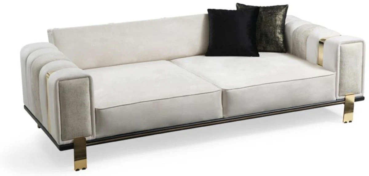 Luxus Wohnzimmer Sofa mit verstellbarer Rückenlehne Weiß / Grau / Gold 223 x 93 x H. 76 cm - Wohnzimmer Möbel - Luxus Möbel