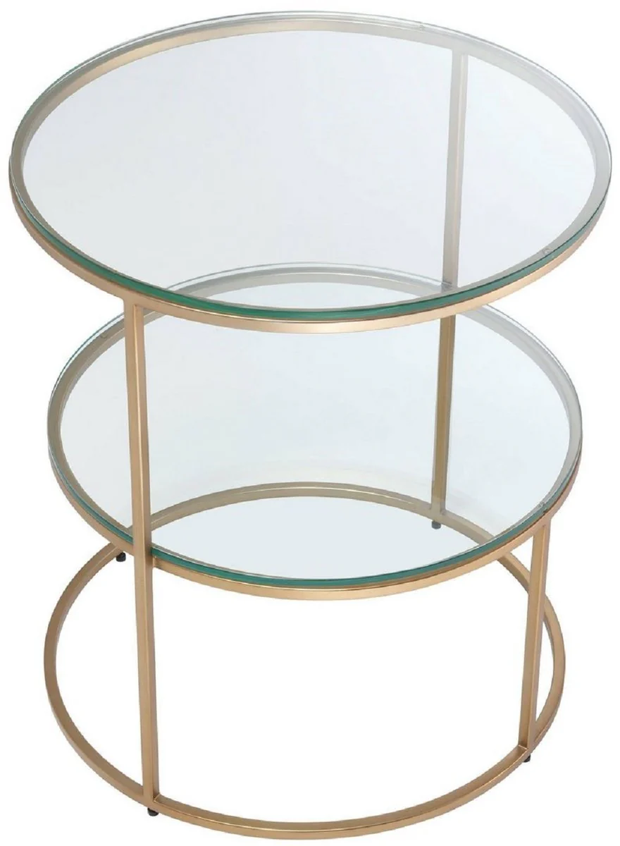 Luxus Beistelltisch Messingfarben Ø 50 x H. 57 cm - Runder Edelstahl Tisch mit gehärteten Glasplatten - Luxus Qualität
