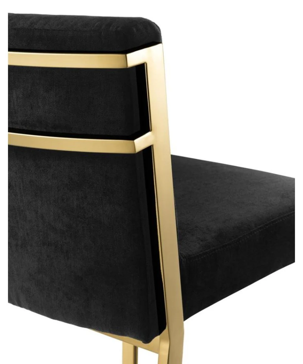 Luxus Barstuhl Schwarz / Gold 43 x 54 x H. 91 cm - Designer Edelstahl Barhocker mit Samtstoff - Barmöbel