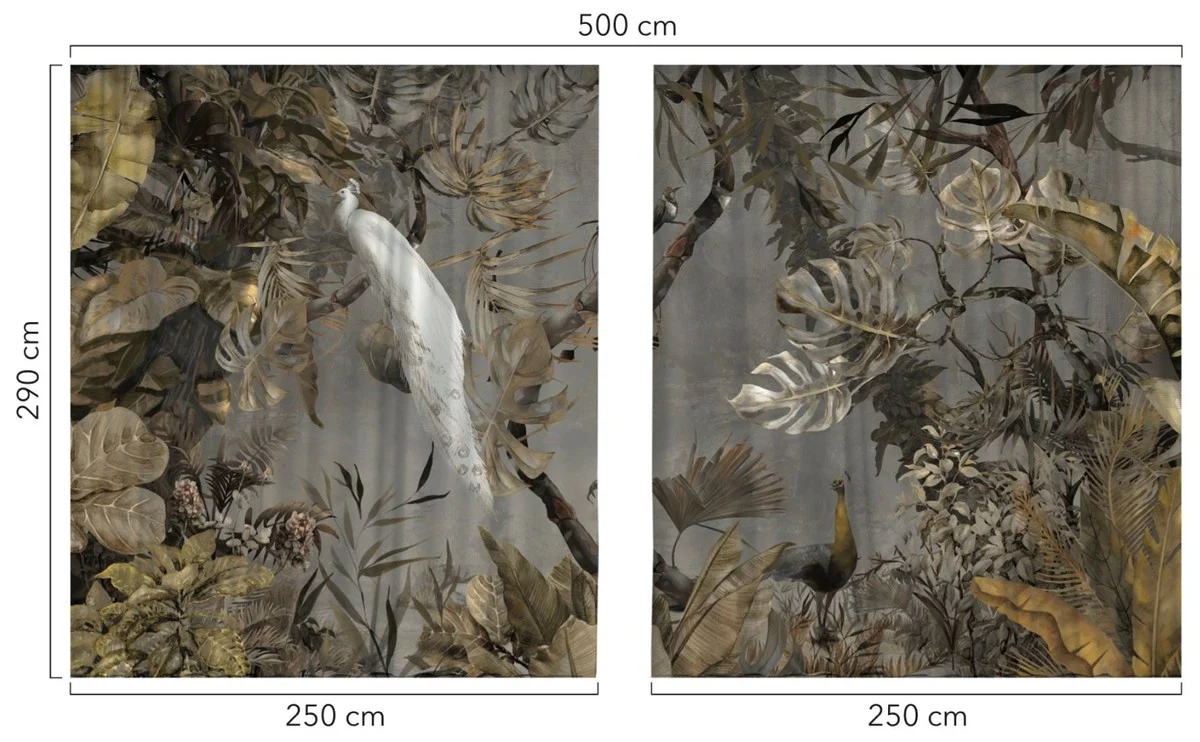 Luxus Vorhang Set Weißer Pfau im Wald Grau / Mehrfarbig 250 x H. 290 cm - Bedruckte Leinen & Samt Vorhänge - Ösenvorhänge - Schiebevorhänge - Luxus Wohnzimmer Vorhänge