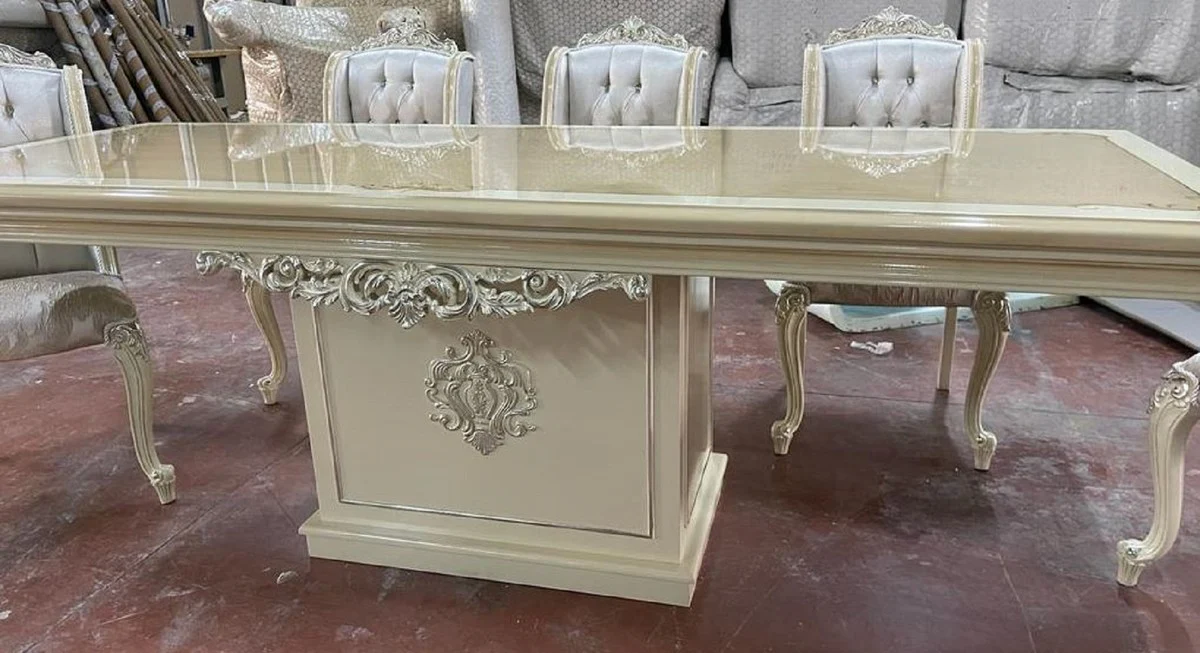 Luxus Barock Esszimmer Set Silber / Beige / Weiß - 1 Barock Esstisch & 6 Barock Esszimmerstühle - Luxus Esszimmer Möbel im Barockstil - Prunkvolle Barock Esszimmer Möbel
