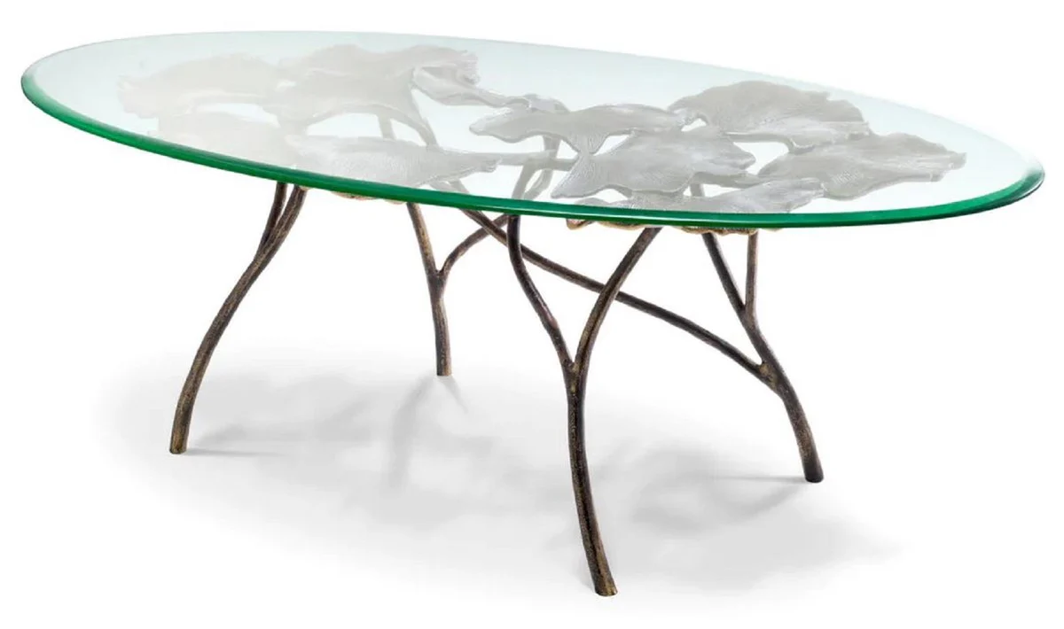 Luxus Couchtisch Vintage Messing 130 x 70 x H. 46 cm - Ovaler Aluminium Wohnzimmertisch mit Glasplatte - Luxus Möbel - Wohnzimmer Möbel - Luxus Einrichtung