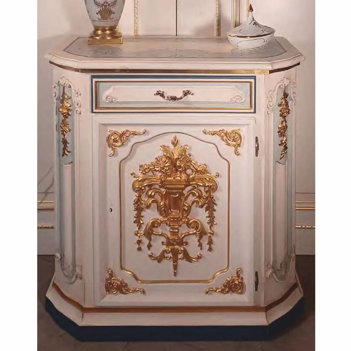 Luxus Barock Nachtkommode Weiß / Hellblau / Gold H. 89 cm - Made in Italy
