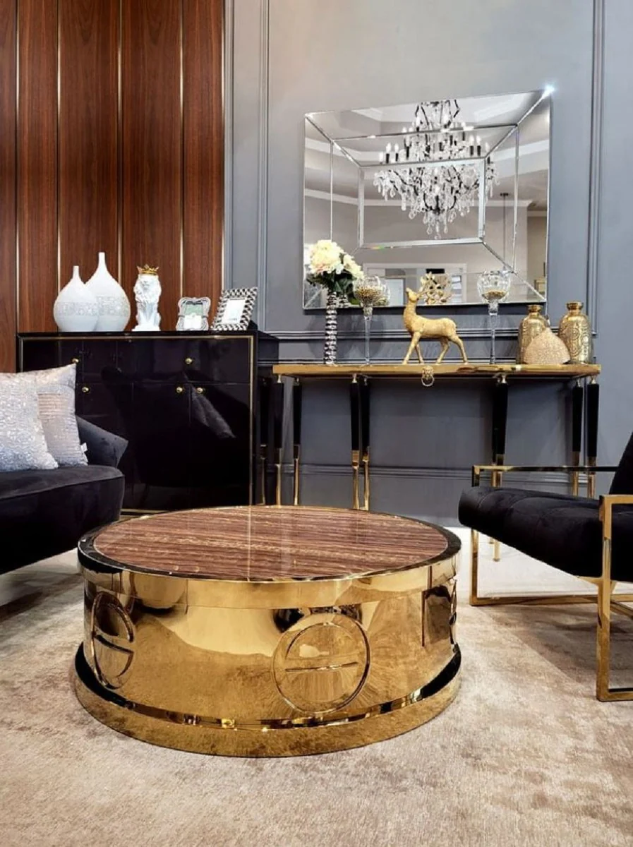 Luxus Couchtisch Gold / Braun Ø 95 x H. 32 cm - Runder Wohnzimmertisch mit Kunstmarmor Tischplatte - Wohnzimmer Möbel - Hotel Möbel - Luxus Möbel