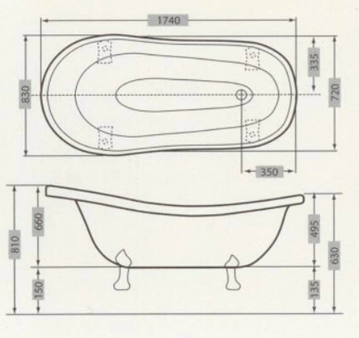 Luxus Jugendstil Badewanne Weiß / Saphirblau / Gold 174 x 83 x H. 81 cm - Freistehende Retro Badewanne mit Löwenfüßen - Retro Badezimmer Möbel