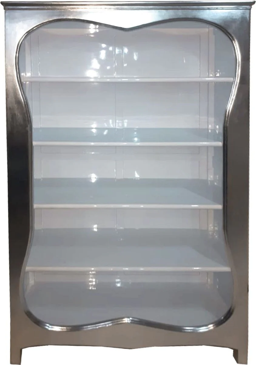 Barock Bücherschrank Weiss / Silber 120 x H 185 cm Bücherregal Regal Schrank