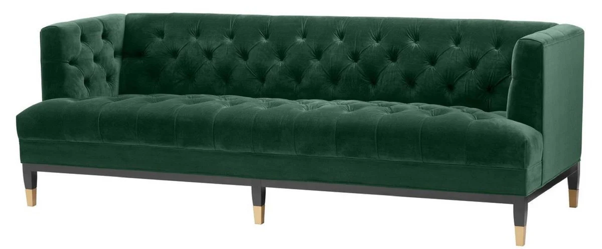 Luxus Wohnzimmer Sofa Grün / Schwarz / Messingfarben 230 x 85 x H. 79 cm - Chesterfield Samtsofa