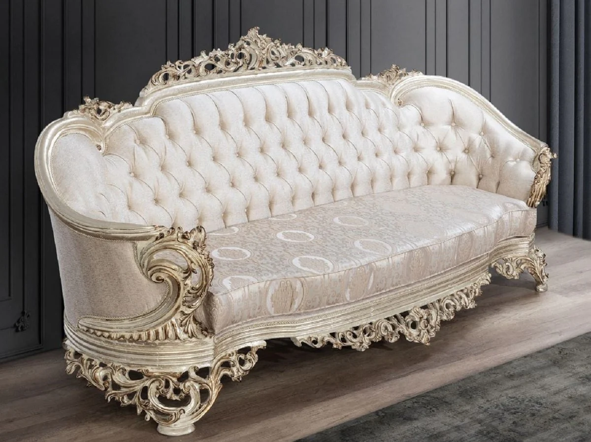 Luxus Barock Sofa Cremefarben / Beige / Antik Gold - Prunkvolles Wohnzimmer Sofa mit elegantem Muster - Barock Wohnzimmer Möbel