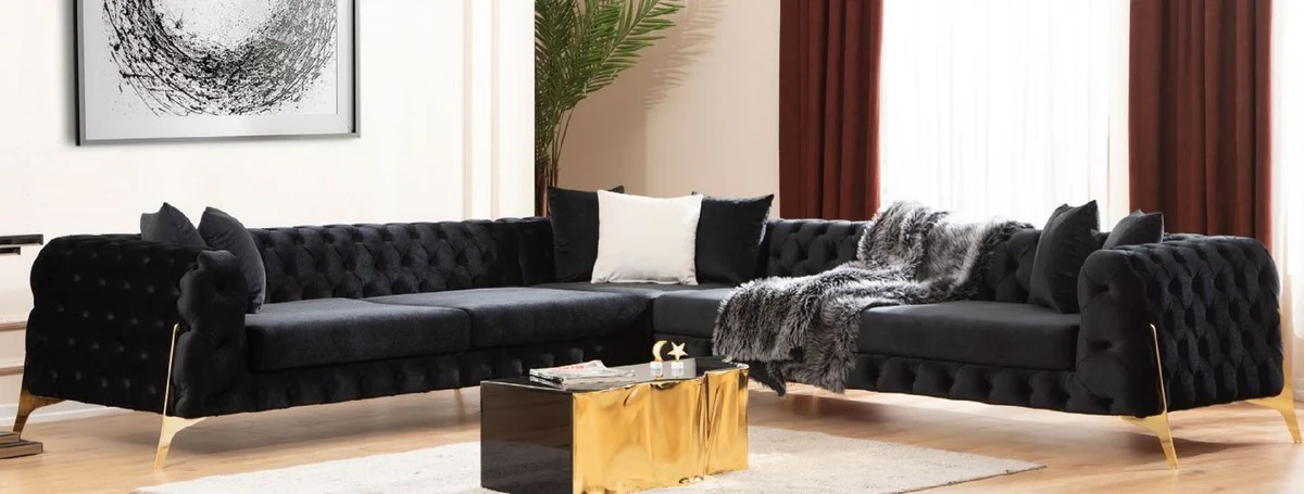 Luxus Chesterfield Ecksofa Schwarz / Gold 310 x 270 x H. 70 cm - Chesterfield Wohnzimmer Sofa - Wohnzimmer Möbel - Luxus Chesterfield Möbel - Luxus Wohnzimmer Einrichtung