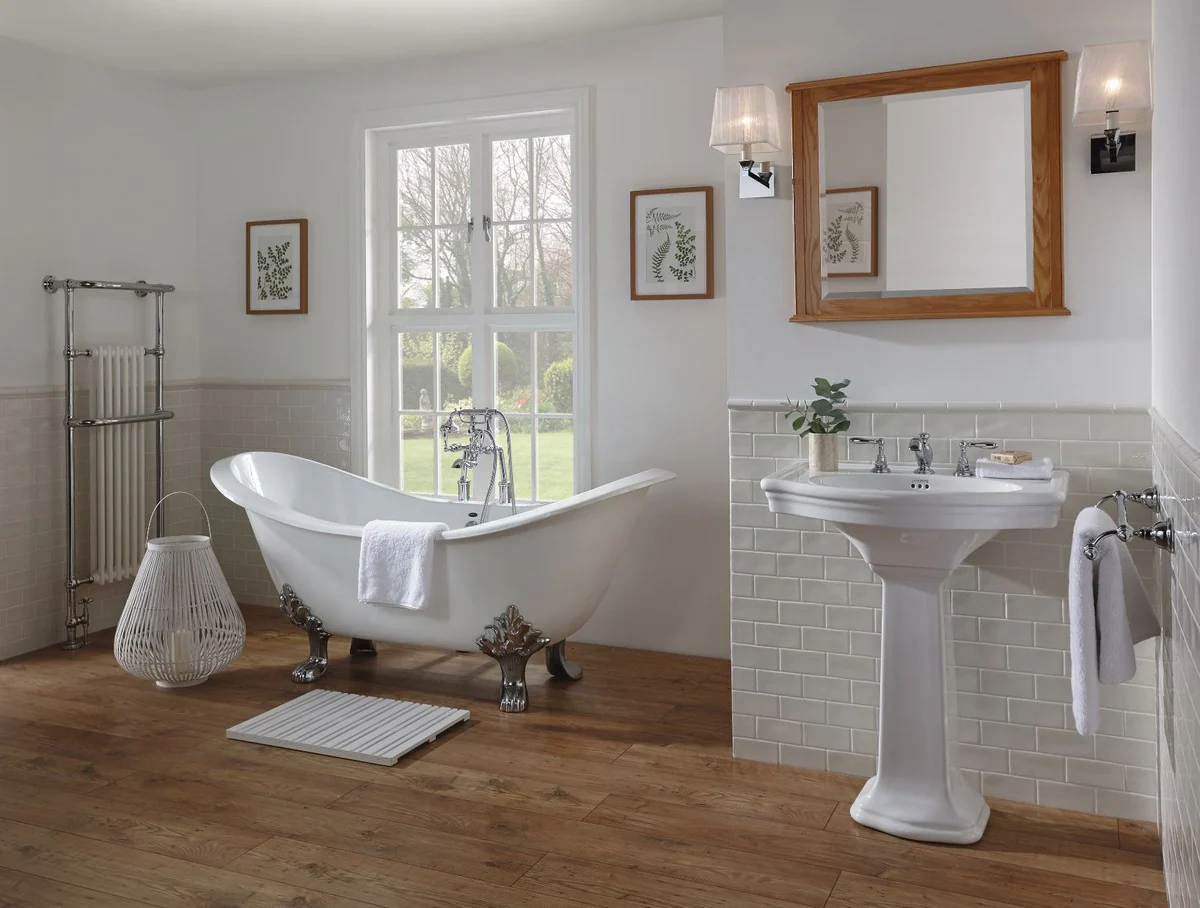 Luxus Jugendstil Badewanne Weiß / Silber 180 x 77 x H. 79 cm - Gebogene freistehende Acryl Badewanne mit Löwenfüßen - Jugendstil Badezimmermöbel