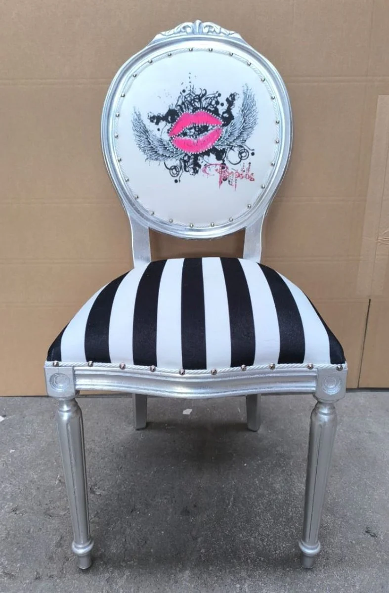 Pompöös by Luxus Barock Esszimmer Stuhl Weiß / Schwarz / Silber - designed by Harald Glööckler