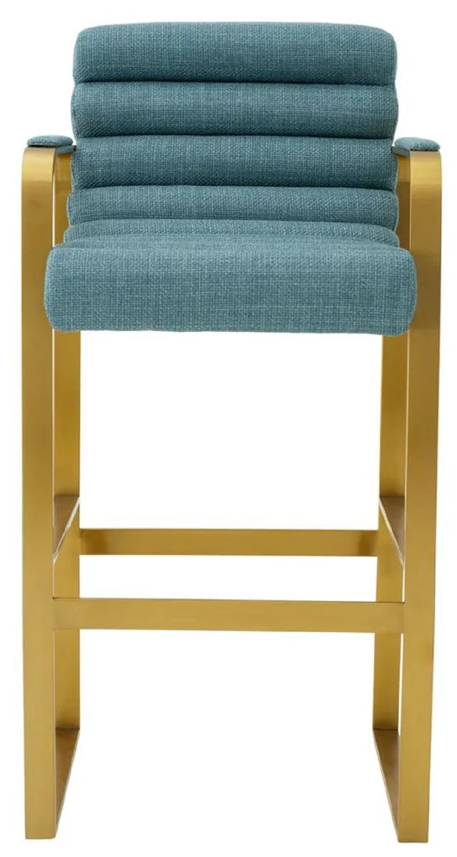 Luxus Barstuhl mit Armlehnen Blau / Messing 53,5 x 57,5 x H. 107 cm - Gepolsterter Edelstahl Barhocker - Bar Möbel - Luxus Möbel - Luxus Qualität