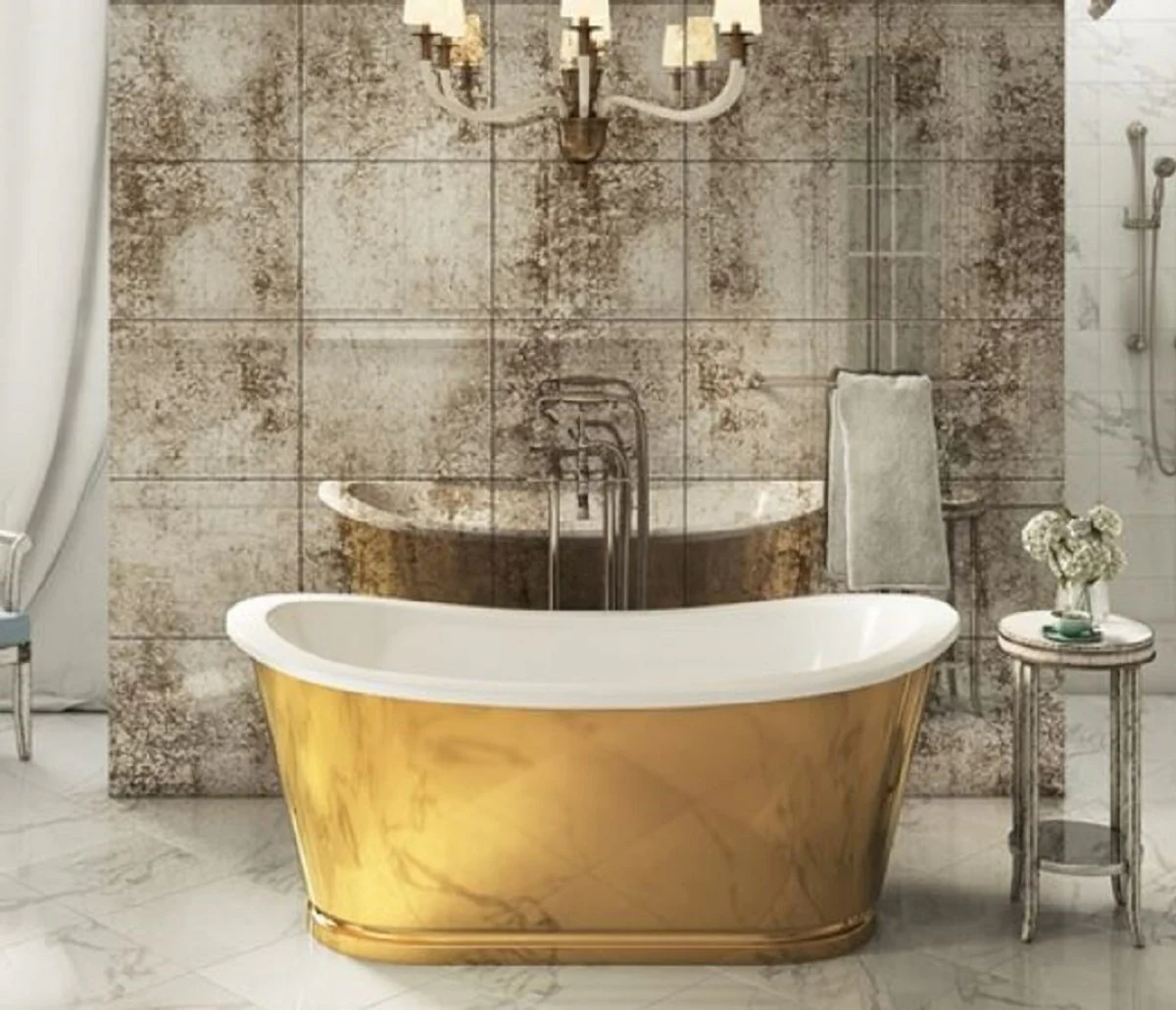 Luxus Jugendstil Badewanne Gold / Weiß 167,5 x 76,1 x H. 71,1 cm - Freistehende Retro Badewanne - Luxus Jugendstil Badezimmer Möbel