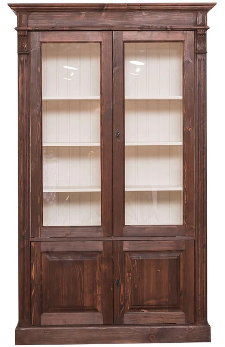 Landhausstil Bücherschrank Dunkelbraun / Creme 119 x 39 x H. 197 cm - Wohnzimmerschrank mit 4 Türen - Massivholz Schrank - Vitrinenschrank - Landhausstil Wohnzimmermöbel