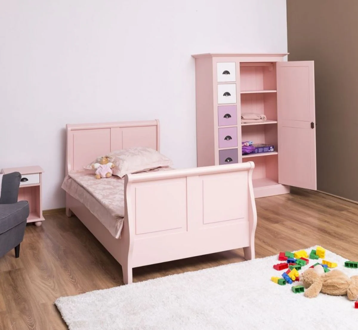 Landhausstil Massivholz Kinderzimmer Möbel Set Rosa / Weiß / Lila - 1 Einzelbett & 1 Kleiderschrank & 1 Nachttisch - Landhausstil Möbel