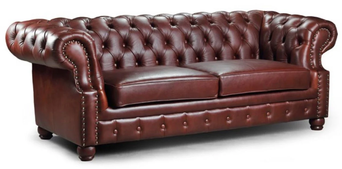 Luxus Chesterfield Leder 3er Sofa Dunkelbraun 217 x 93 x H. 77 cm - Echtleder Wohnzimmer Sofa - Chesterfield Wohnzimmer Möbel