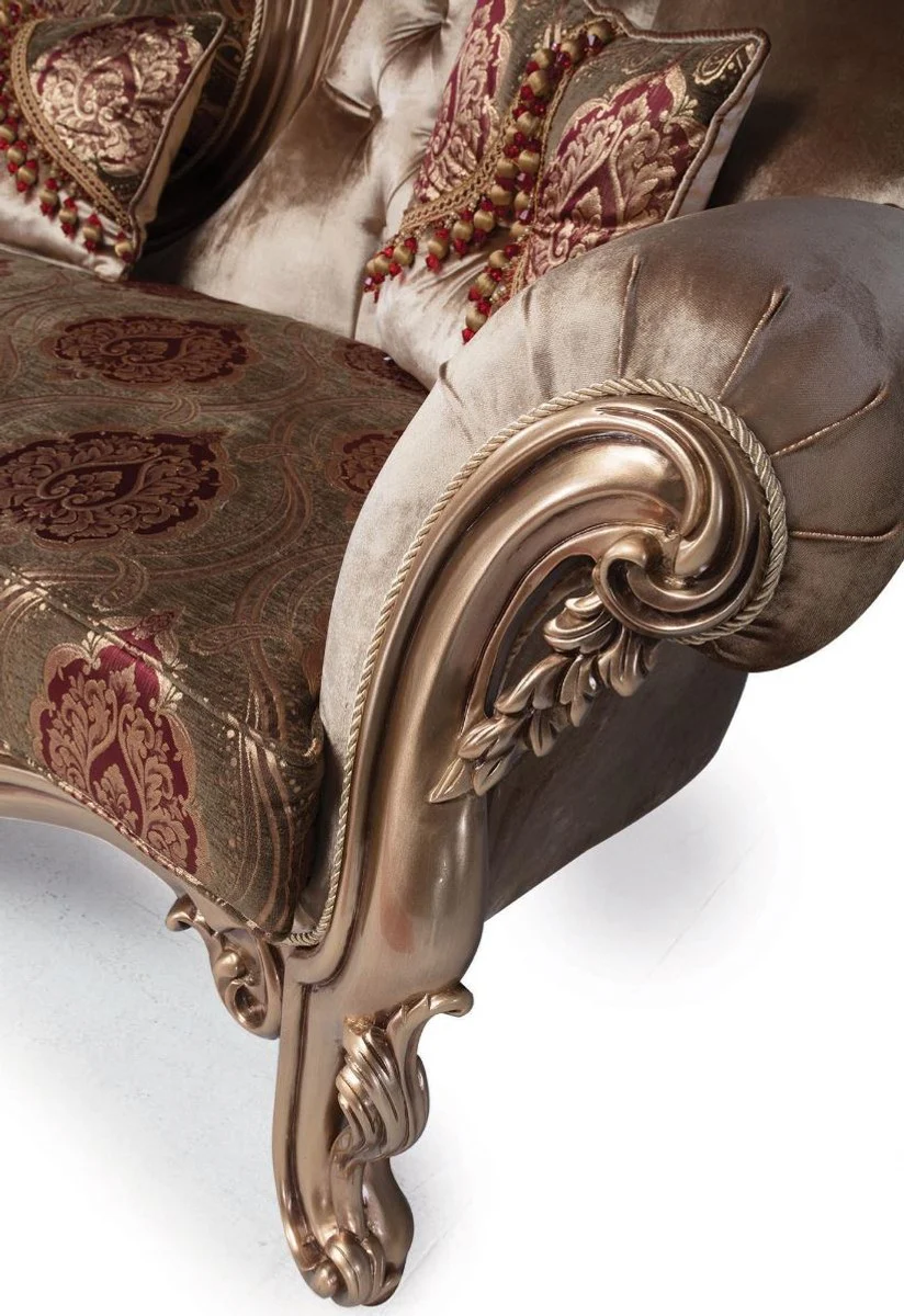 Luxus Barock Wohnzimmer Set Bronze / Braun / Bordeauxrot - 1 Sofa & 2 Sessel & 1 Couchtisch - Prunkvolle Wohnzimmermöbel im Barockstil