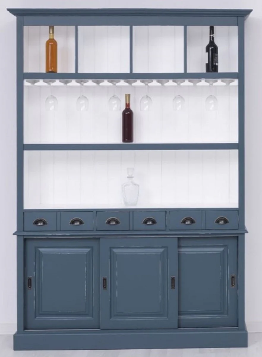 Landhausstil Massivholz Barschrank Antik Blau / Weiß 151 x 36 x H. 210 cm - Massivholz Weinschrank im Landhausstil - Massivholz Bar Möbel - Landhausstil Bar Möbel