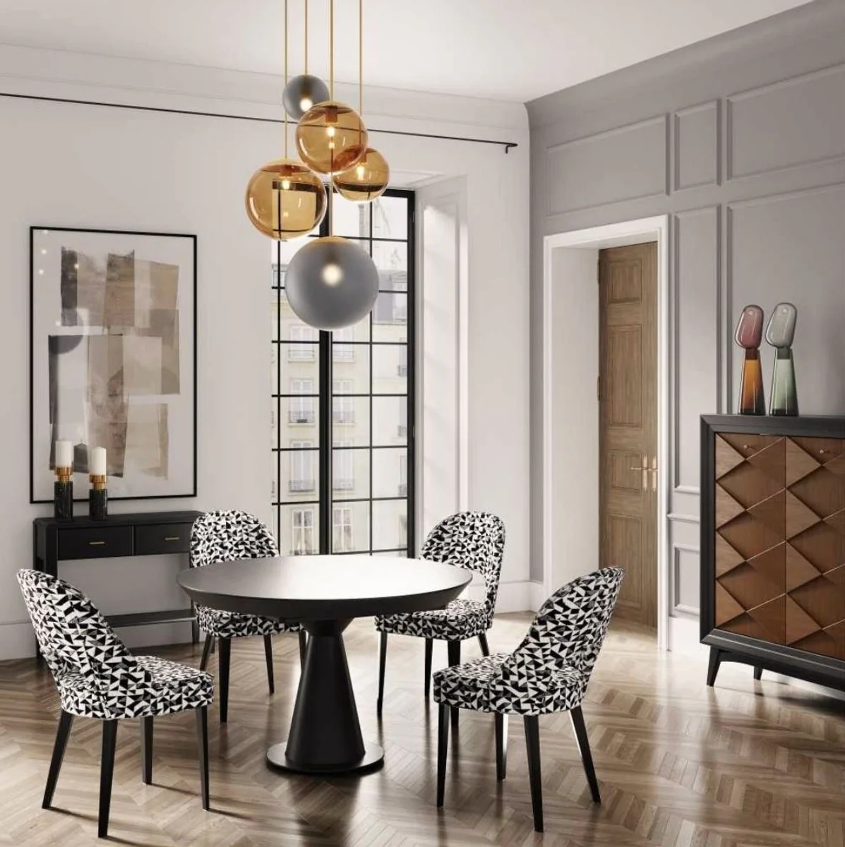 Luxus Art Deco Esstisch Matt Schwarz 125-175 x 125 x H. 78 cm - Ausziehbarer Massivholz Küchentisch mit runder Tischplatte - Esszimmer Möbel - Art Deco Möbel - Luxus Möbel