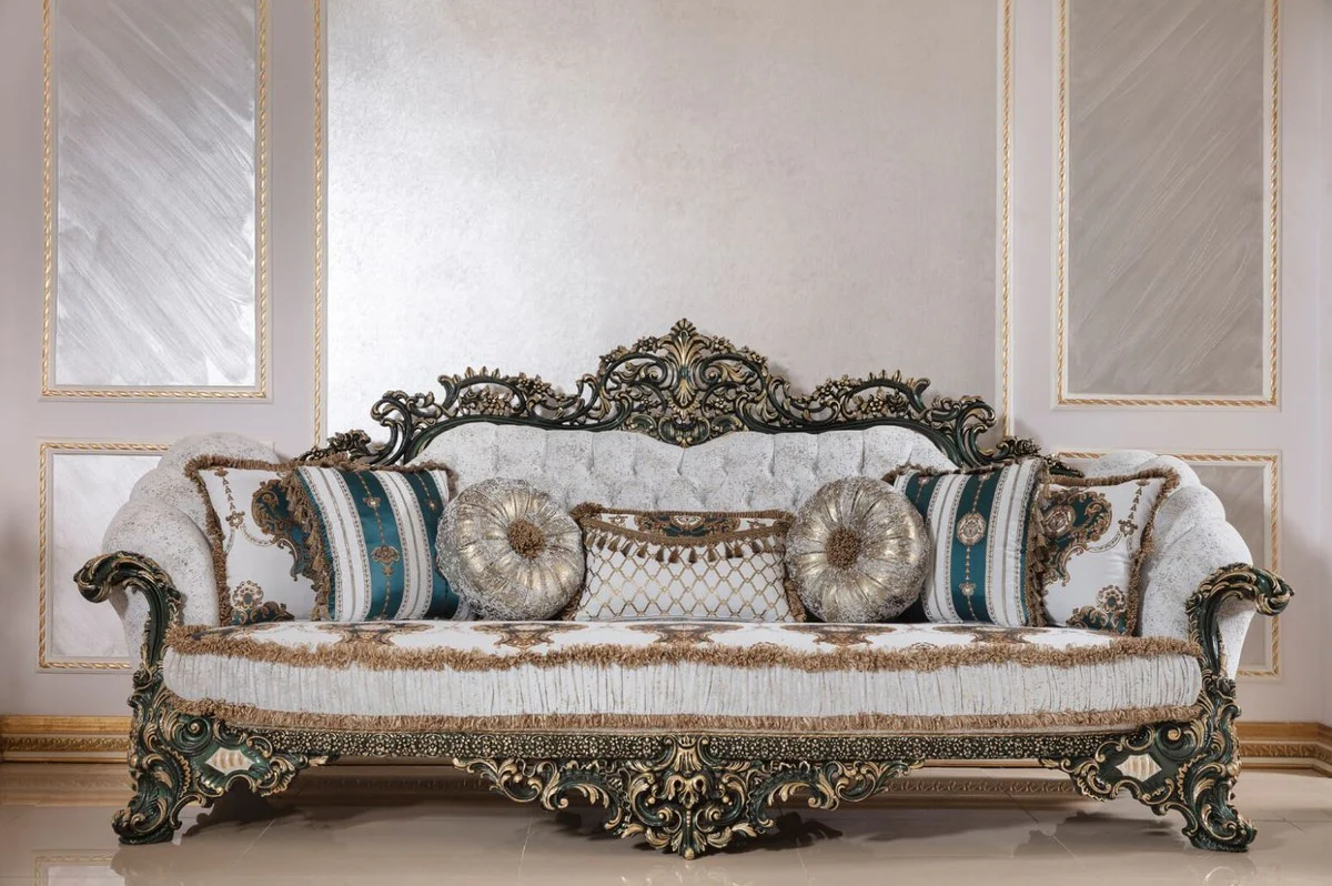 Luxus Barock Sofa Weiß / Mehrfarbig / Grün / Gold - Prunkvolles Wohnzimmer Sofa mit elegantem Muster - Barock Wohnzimmer & Hotel Möbel - Edel & Prunkvoll