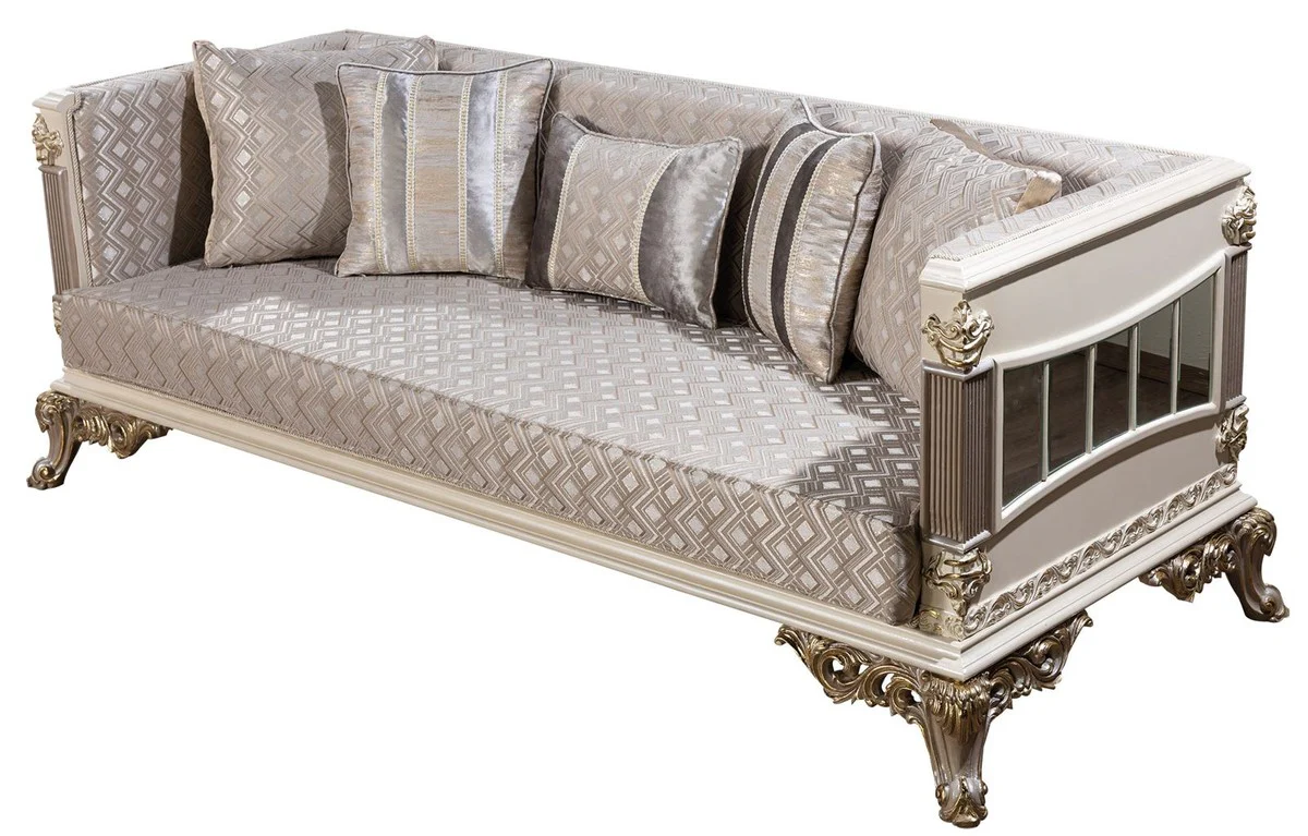 Luxus Barock Sofa Silber / Weiß / Grau / Gold - Verspiegeltes Barockstil Wohnzimmer Sofa - Luxus Wohnzimmer Möbel im Barockstil - Barock Möbel - Barock Einrichtung
