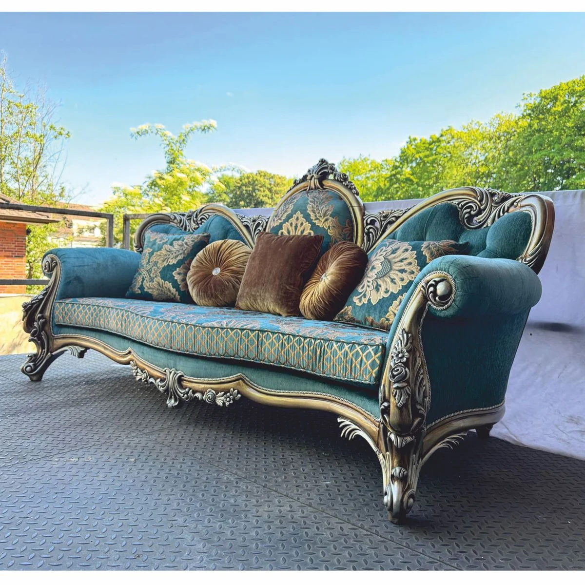 Luxus Barock Wohnzimmer Set Türkis / Silber - Barockstil Möbel