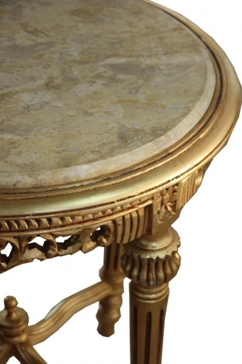 Großer Barock Beistelltisch Rundtisch mit Marmorplatte Gold / Creme - Antik Stil Tisch Möbel H 71 cm B 63 cm