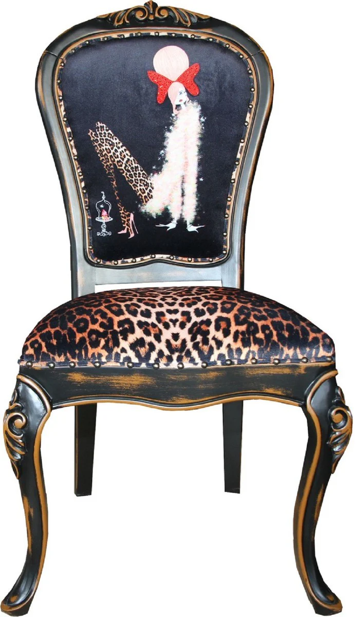 Luxus Barock Esszimmer Set Dame mit High Heels Leopard / Schwarz / Braun 50 x 50 x H. 110 cm - 6 handgefertigte Esszimmerstühle - Barockmöbel
