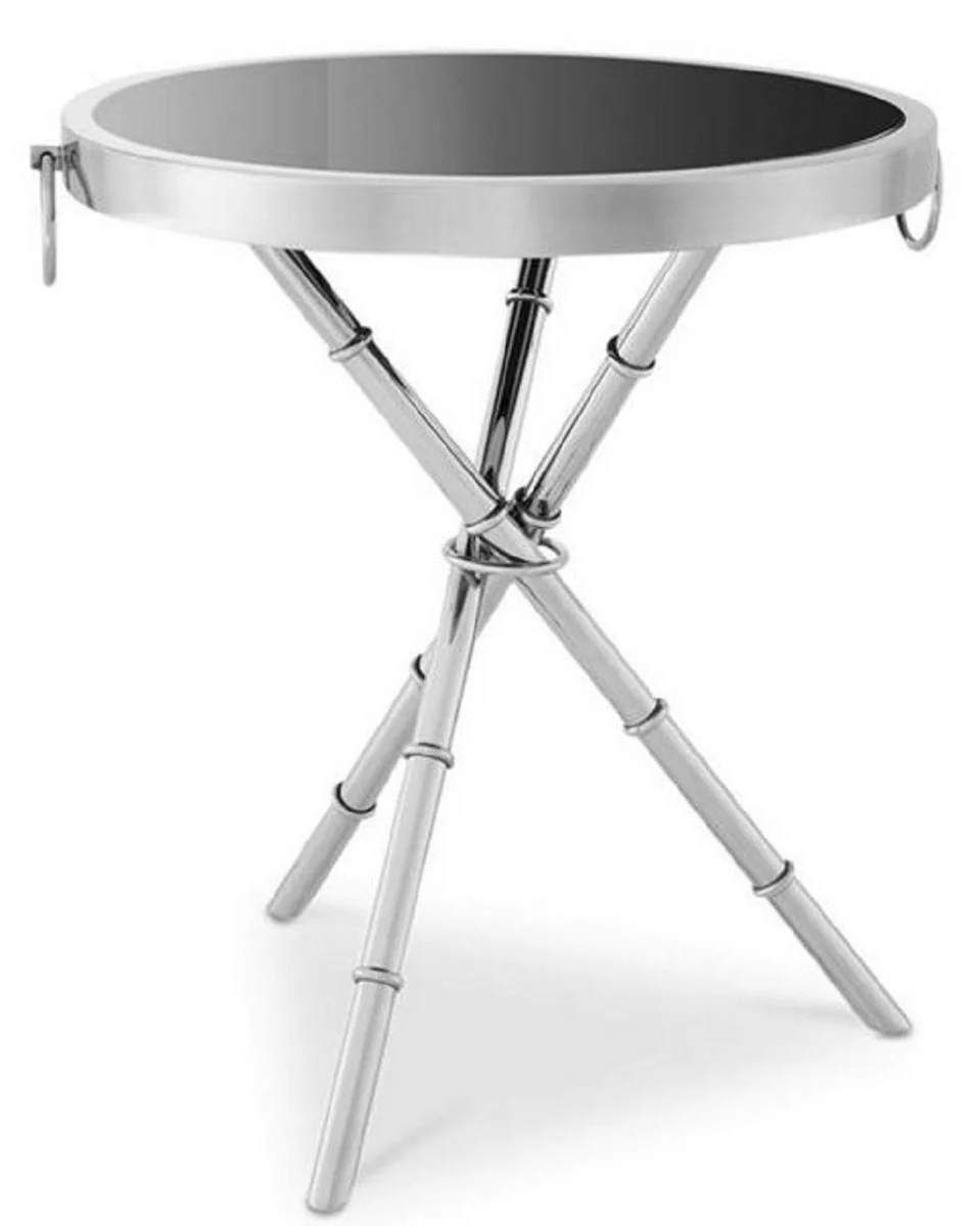 Luxus Beistelltisch Silber / Schwarz Ø 55 x H. 44 cm - Runder Metall Tisch mit Glasplatte - Wohnzimmermöbel