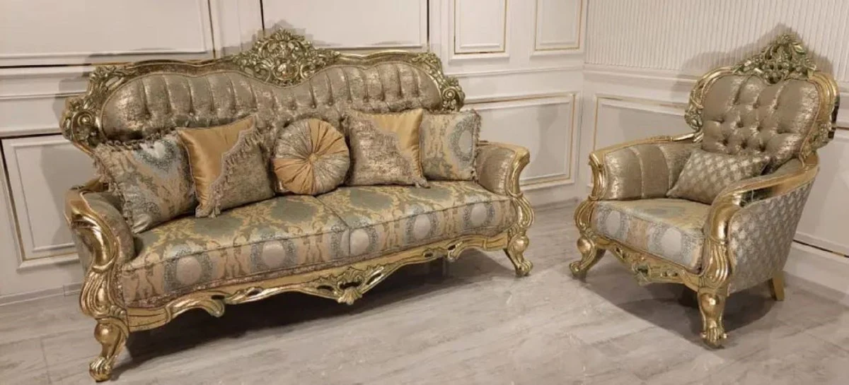 Luxus Barock Sofa Gold / Grün / Gold - Prunkvolles Wohnzimmer Sofa mit elegantem Muster - Barock Wohnzimmer Möbel
