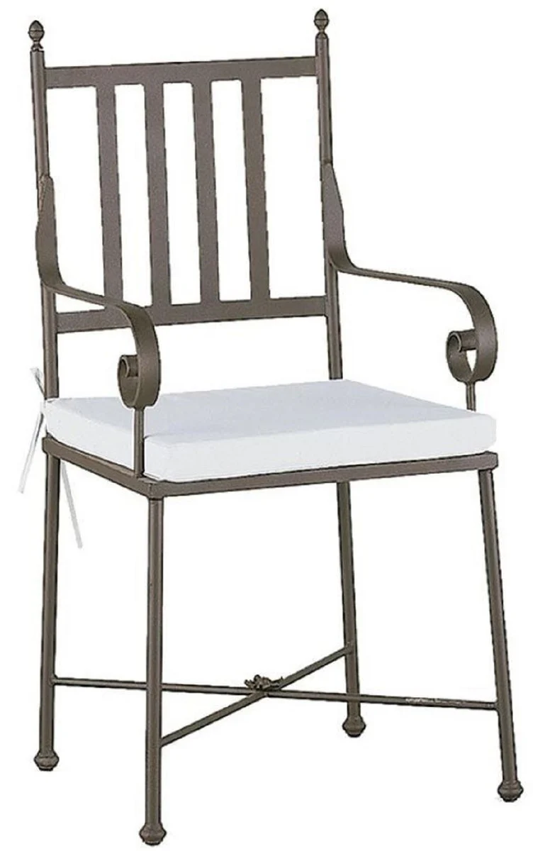 Luxus Jugendstil Gartenstuhl mit Armlehnen und Sitzkissen Braun / Weiß 47 x 50 x H. 103 cm - Handgeschmiedeter Esszimmer Stuhl - Esszimmer Garten Terrassen Möbel
