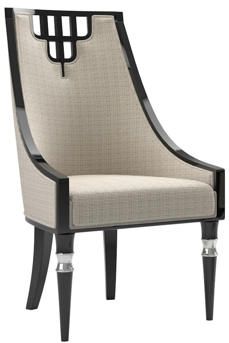 Luxus Art Deco Esszimmer Set Beige / Schwarz / Silber - 1 Esszimmertisch & 6 Esszimmerstühle - Art Deco Esszimmer Möbel - Luxus Qualität