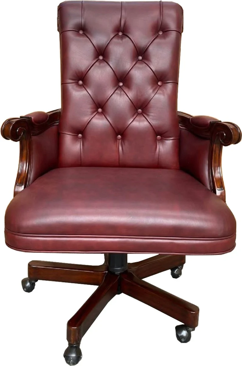 Luxus Chesterfield Leder Bürostuhl Bordeauxrot / Dunkelbraun 71 x 76 x H. 114 cm - Höhenverstellbarer Echtleder Schreibtischstuhl - Chesterfield Möbel - Echtleder Möbel - Luxus Möbel
