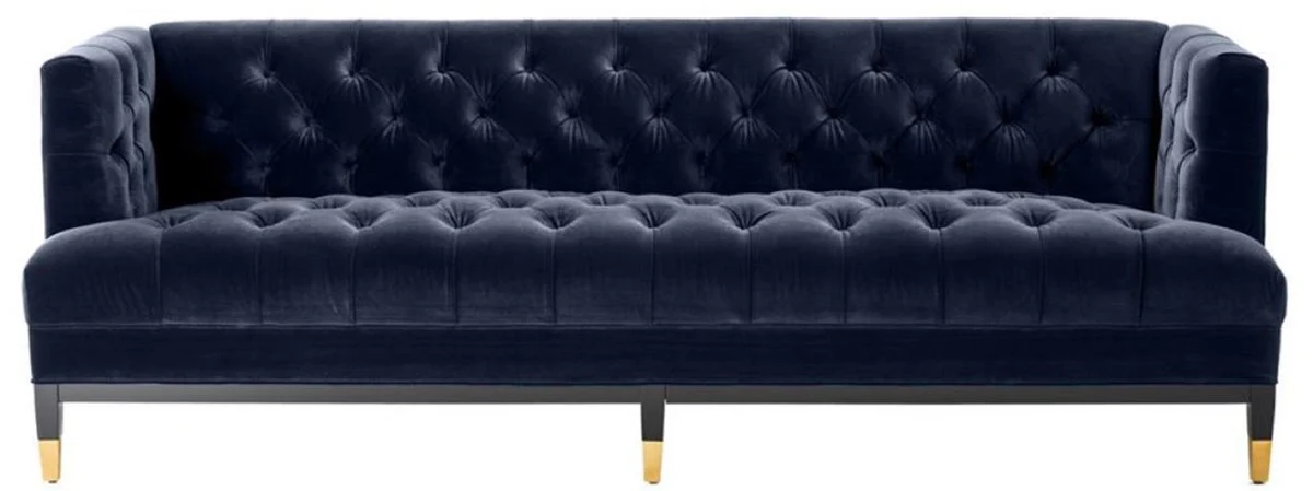 Luxus Wohnzimmer Sofa Mitternachtsblau / Schwarz / Messingfarben 230 x 85 x H. 79 cm - Chesterfield Samtsofa