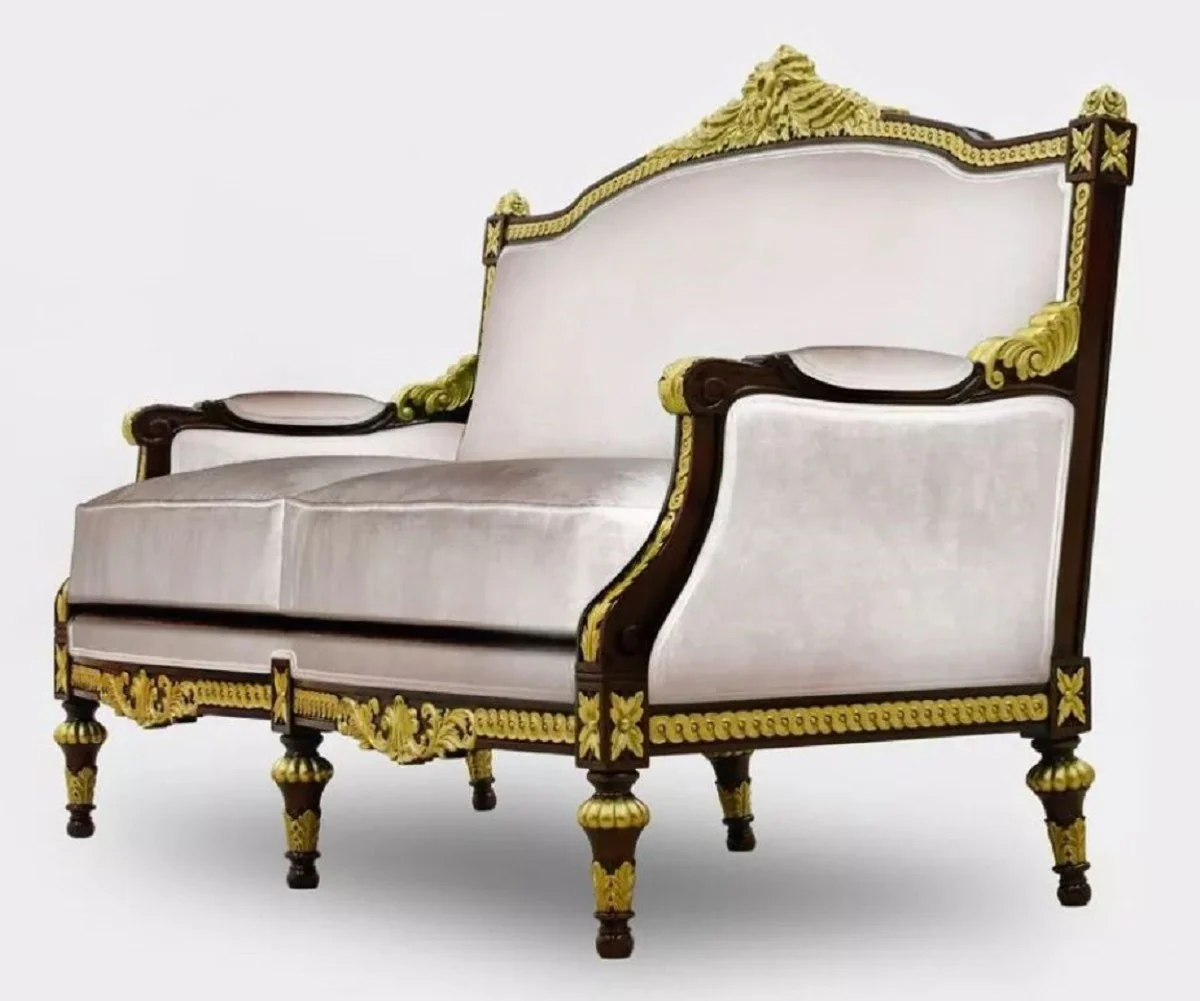 Luxus Barock Wohnzimmer 2er Sofa Grau / Dunkelbraun / Gold - Handgefertigtes Barockstil Sofa - Luxus Wohnzimmer Möbel im Barockstil - Barock Möbel - Edel & Prunkvoll