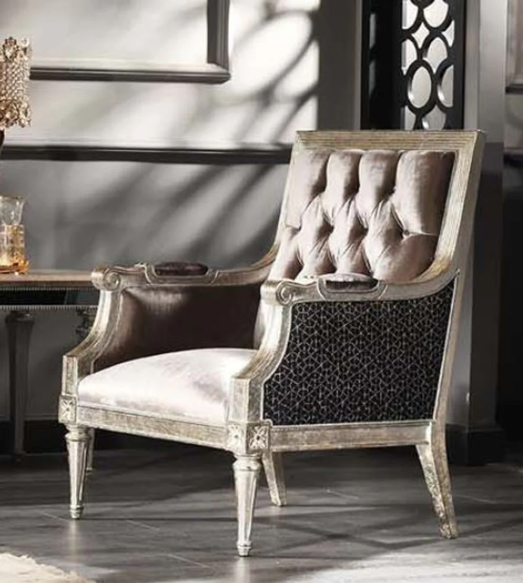 Luxus Barock Samt Sessel Rosa / Schwarz / Antik Silber 73 x 73 x H. 110 cm - Barock Wohnzimmer Möbel