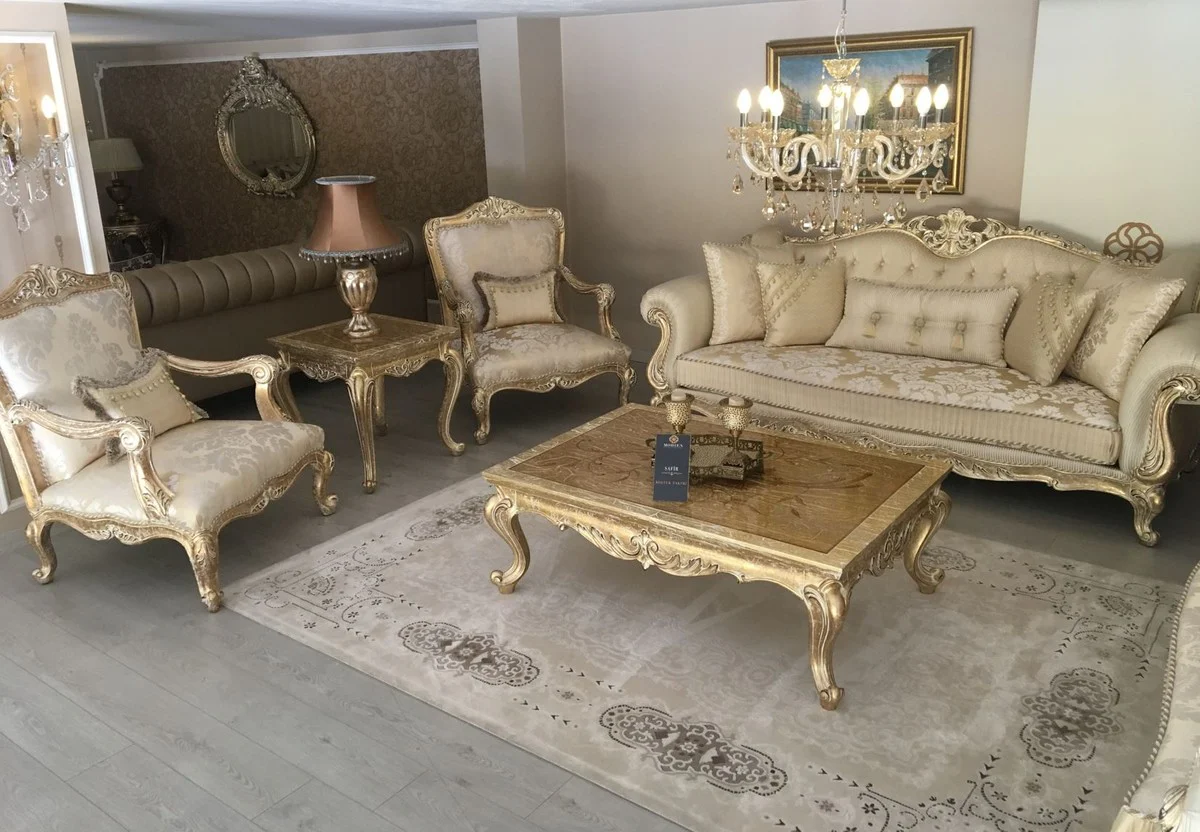 Luxus Barock Sofa Gold / Antik Gold - Prunkvolles Wohnzimmer Sofa mit elegantem Muster - Barock Wohnzimmer Möbel