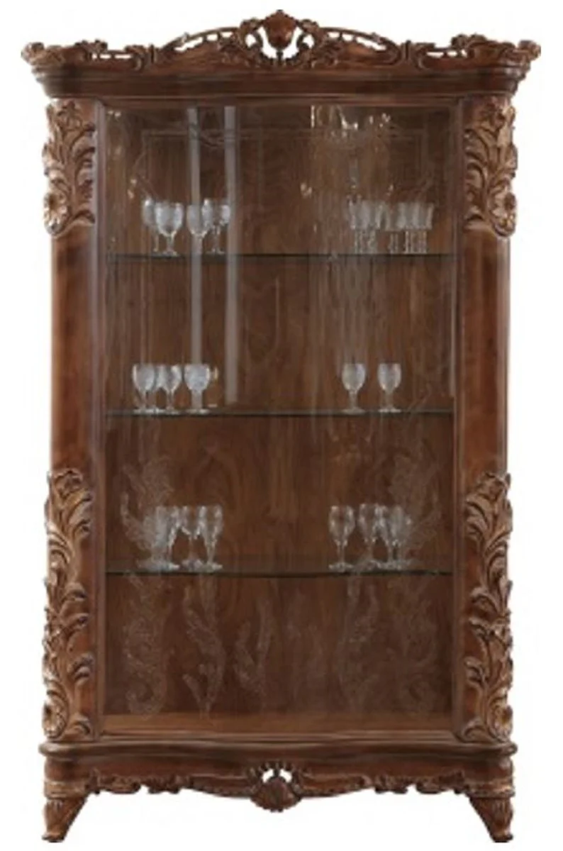 Luxus Barock Vitrine Braun - Handgefertigter Massivholz Vitrinenschrank mit Glastür - Barock Möbel - Edel & Prunkvoll