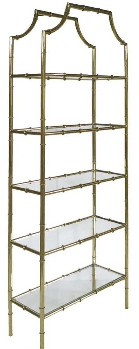 Luxus Regalschrank Gold 78 x 33 x H. 197 cm - Edelstahl Schrank mit 5 Glasregalen - Luxus Wohnzimmer Möbel
