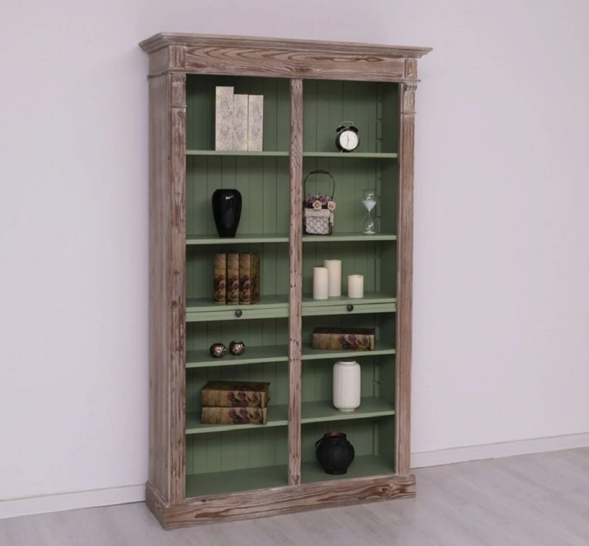 Landhausstil Bücherschrank Braun / Grün 120 x 37 x H. 197 cm - Massivholz Schrank - Regalschrank - Wohnzimmerschrank - Landhausstil Möbel